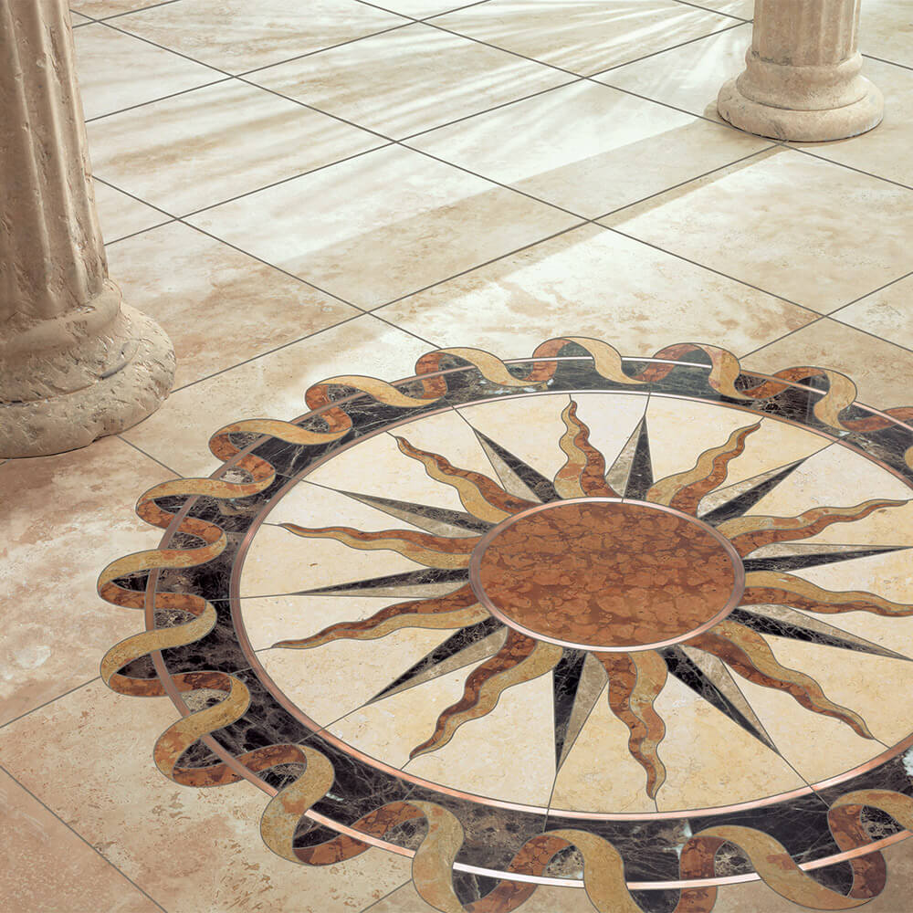 Helios Copper, Limestone, & Marble Medallion | Floor Tile Medallion