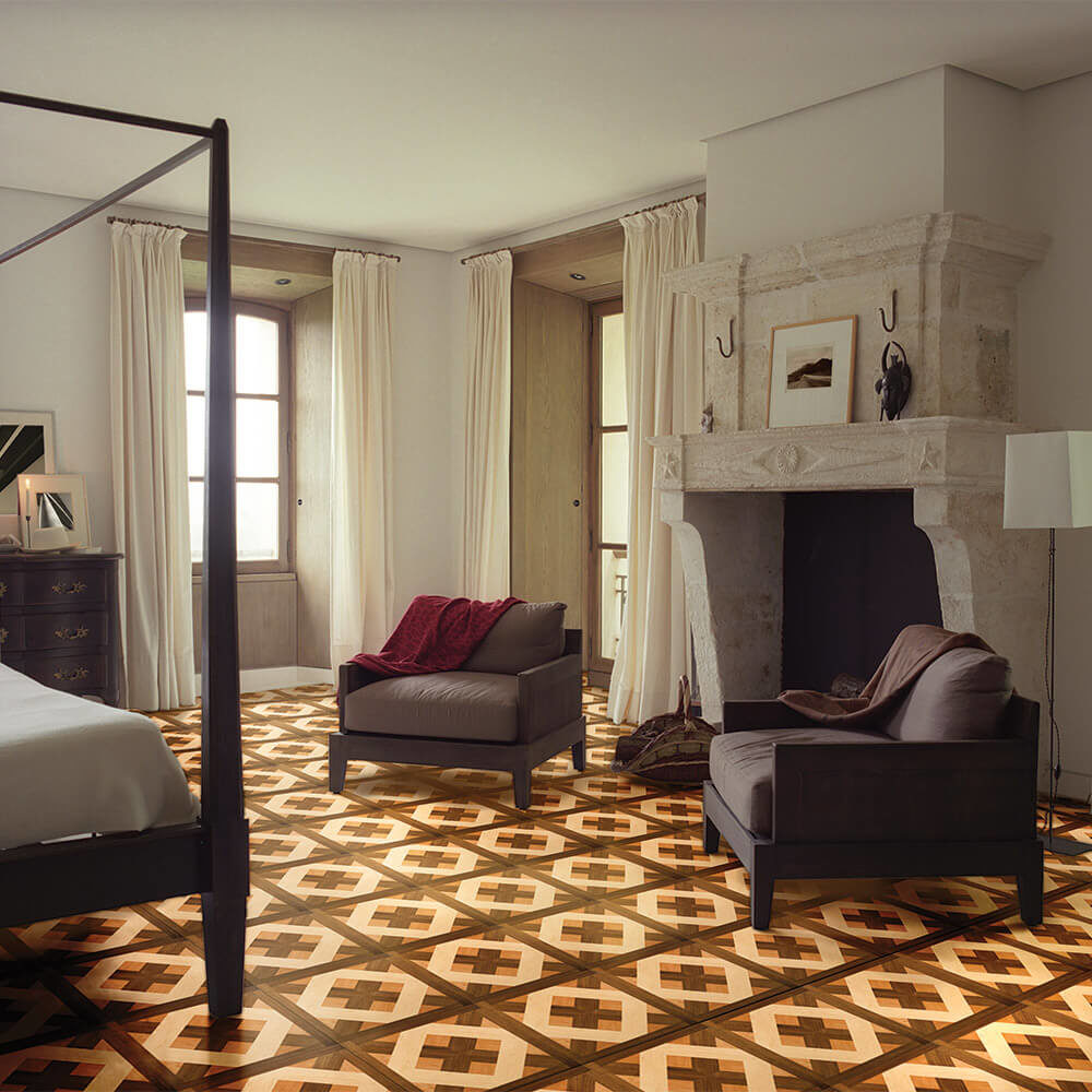 American Cherry, Maple, & Walnut Chateau Parquet Tile Room Scene | Parquet Flooring