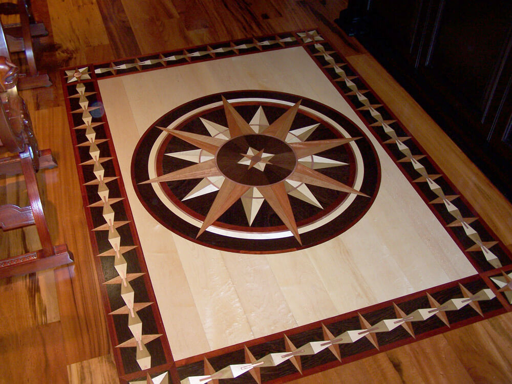 Post Modern Medallion, Border, and Corner | Floor Medallion, Border, and Corner | American Cherry, Cumaru, Maple, Padauk, Poplar, and Wenge with Copper Accents