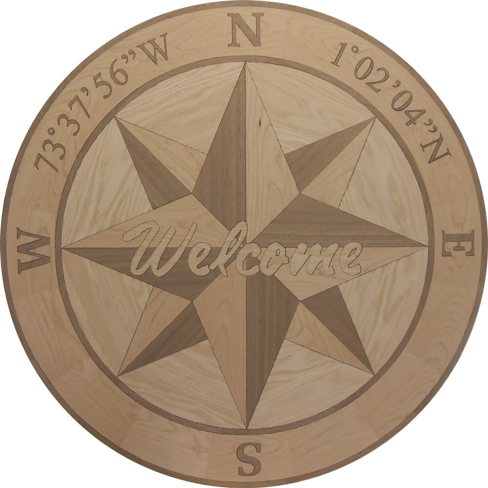 Custom Brant Point Welcome Compass Wood Medallion with Coordinates | Floor Medallion