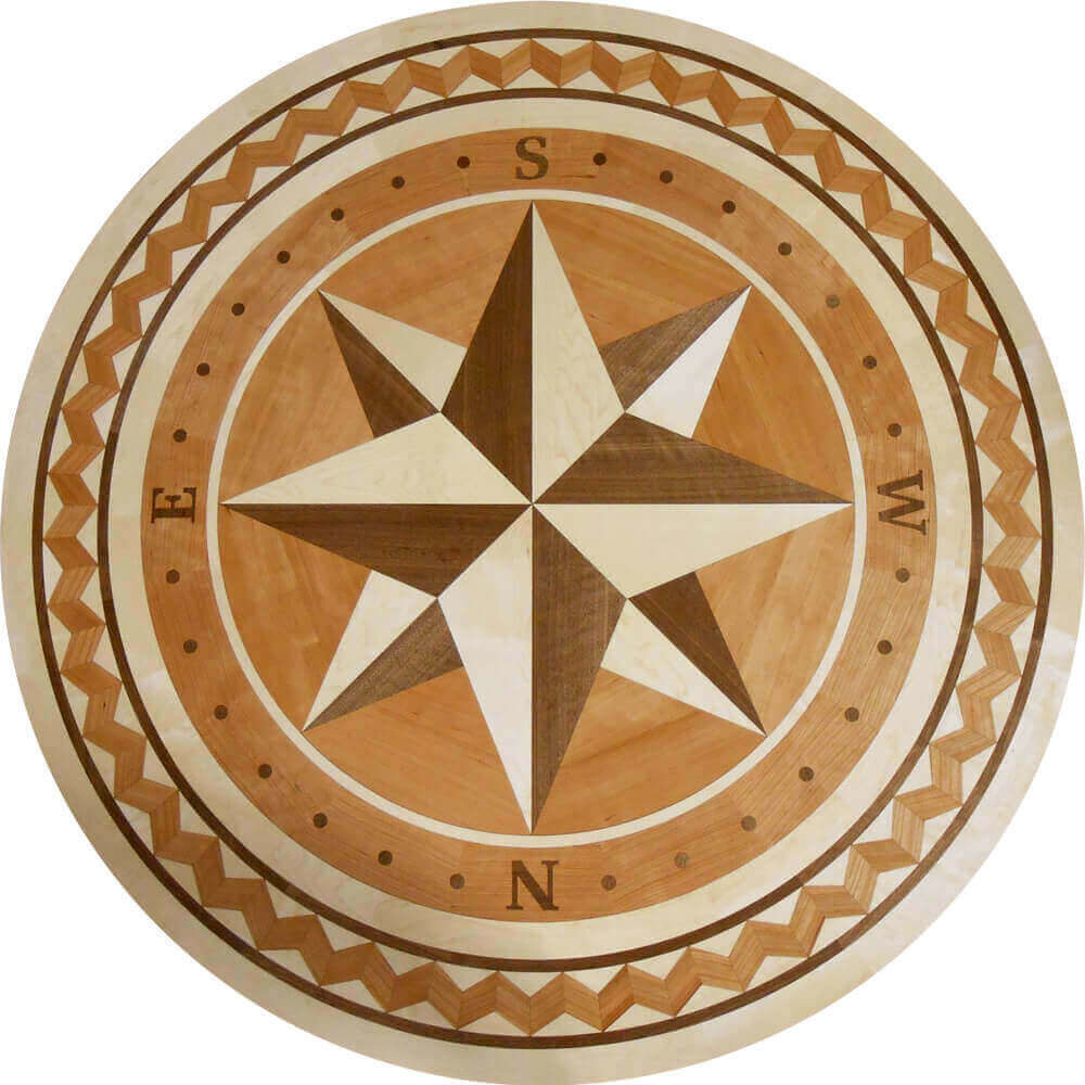 Custom Brant Point Compass Wood Medallion with Easton Bay Outer Ring | Floor Medallion