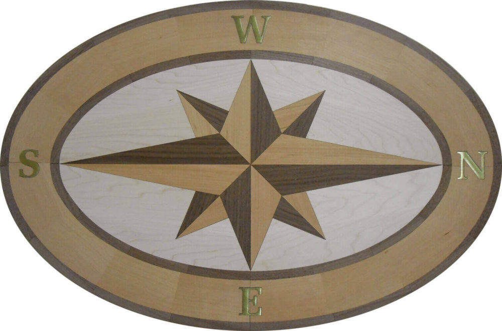 Custom Brant Point Compass Wood Medallion with Brass | Oval Floor Medallion