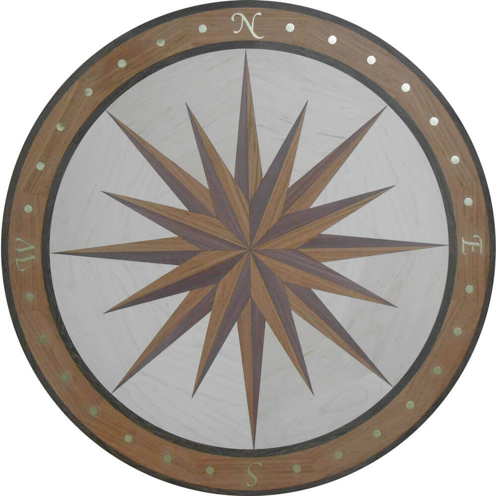 Custom Chatham Compass Wood Medallion with Brass Directionals | Floor Medallion
