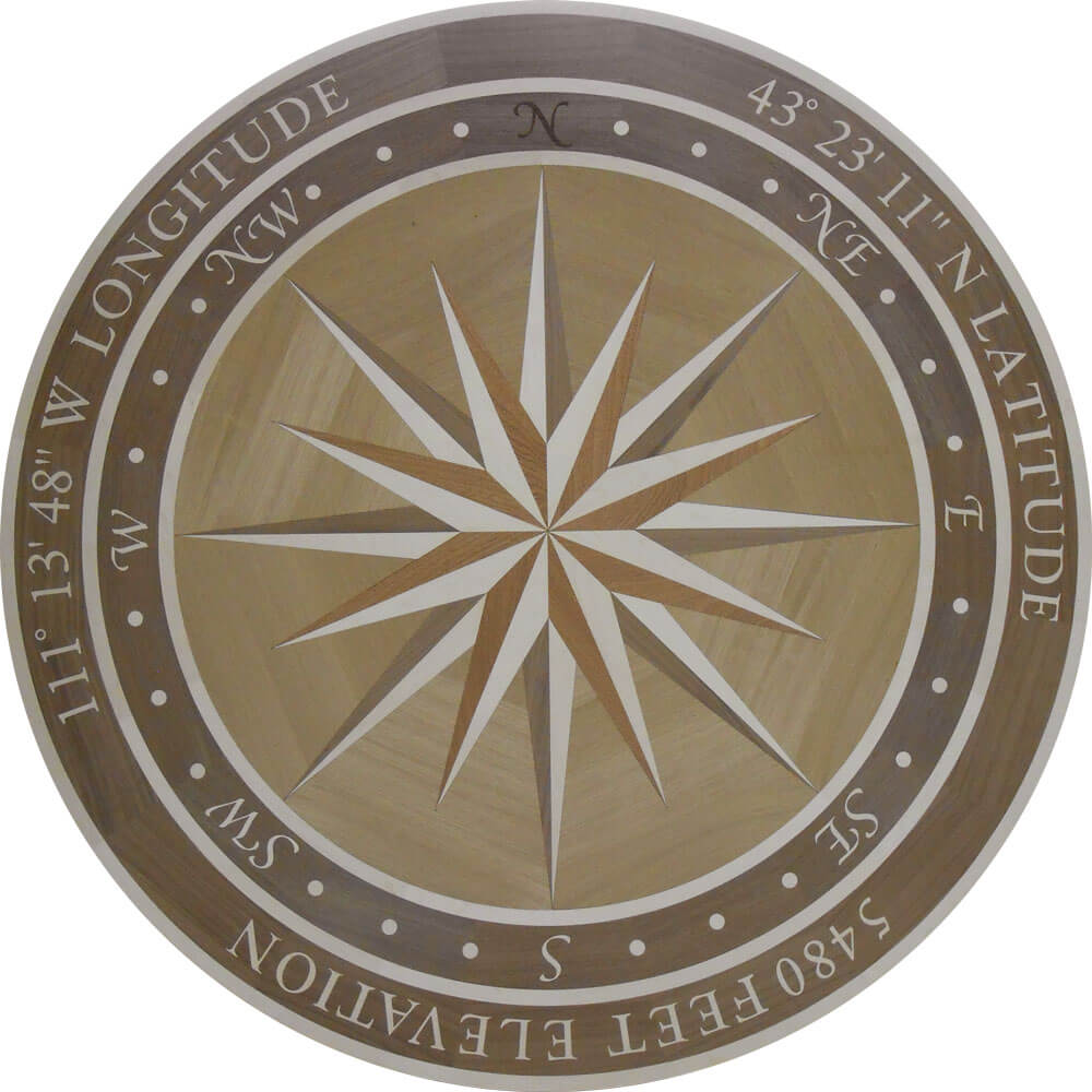 Custom Chatham Compass Wood Medallion with Directionals Coordinates and Elevation | Floor Medallion