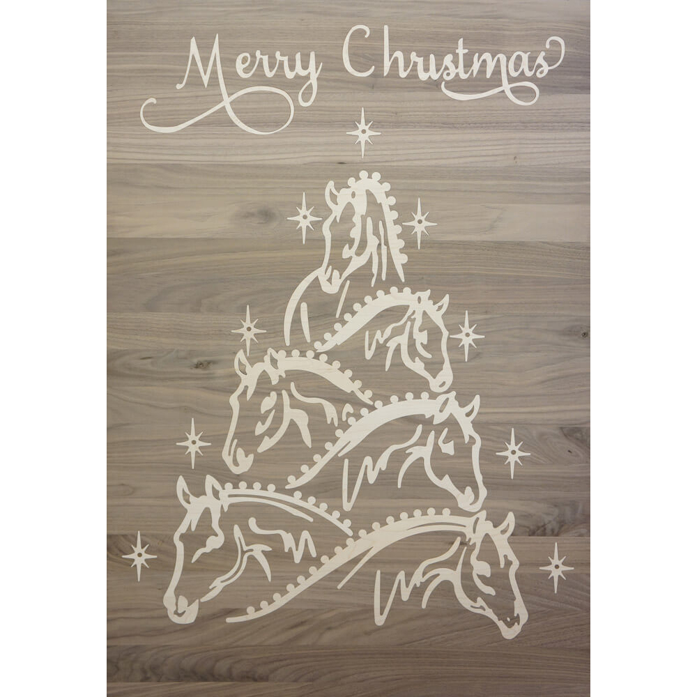 Custom Merry Christmas Horse Tree Wood Inlay | Wall Medallion